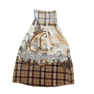 Lapis for Anthropologie Browns Golds Creams Smocked Dress S NWOT